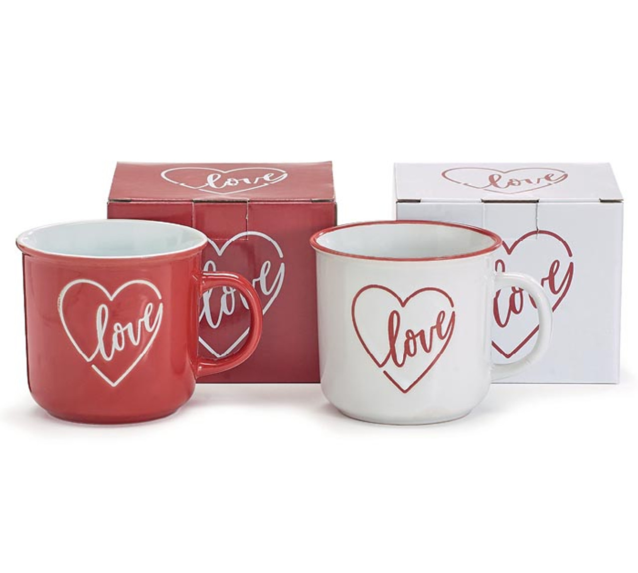 Set of 2 Love Heart Ceramic Coffee Mugs 14 Oz Red White from