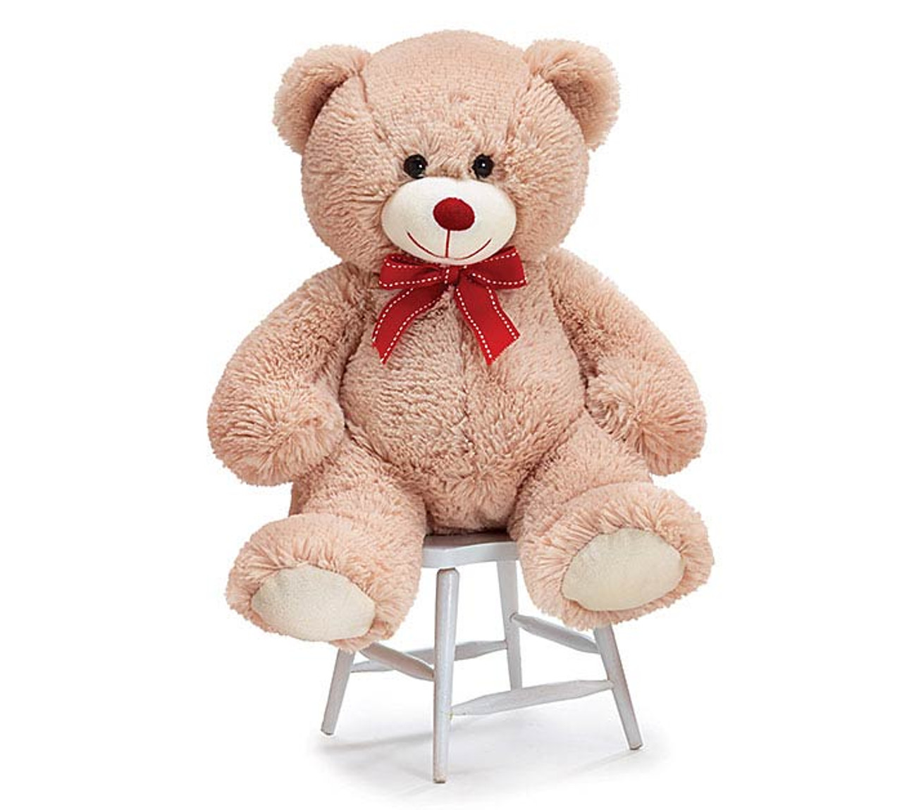 Beige Plush Teddy Bear With Red Grosgrain Ribbon Red Nose 12