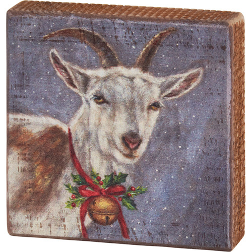 Goat With Holly Berry Christmas Bell - Decorative Wooden Block Sign Decor 4x4 from Primitives by Kathy