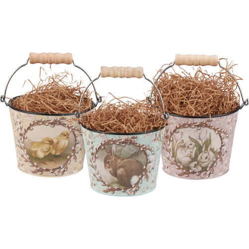 Set of 3 Decorative Metal Buckets - Vintage Spring Animals (Chicks & Bunny Rabbits) from Primitives by Kathy