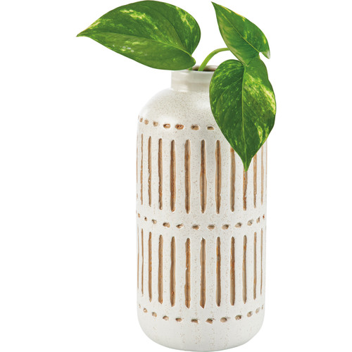 Decorative Ceramic Vase - Stripes & Dots - White Glaze Finish - 8.5 Inch Tall from Primitives by Kathy