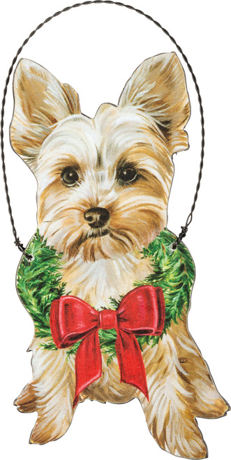 Christmas Yorkie Hanging Wooden Ornament 5 Inch from Primitives by Kathy