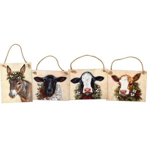 Set of 4 Wooden Christmas Farm Animals Hanging Ornaments 4.5 Inch from Primitives by Kathy