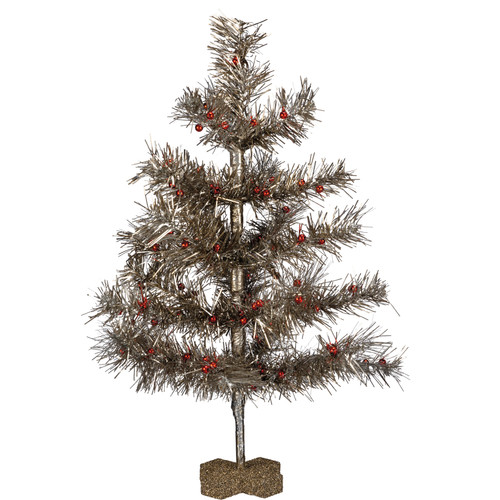 Festive Artificial Silver Tinsel & Red Ornaments Christmas Tree 14 Inch x 18 Inch from Primitives by Kathy