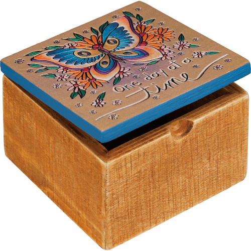 Colorful Wood Burned Art Butterfly Design One Day At A Time Hinged Keepsake Box 4x4 from Primitives by Kathy