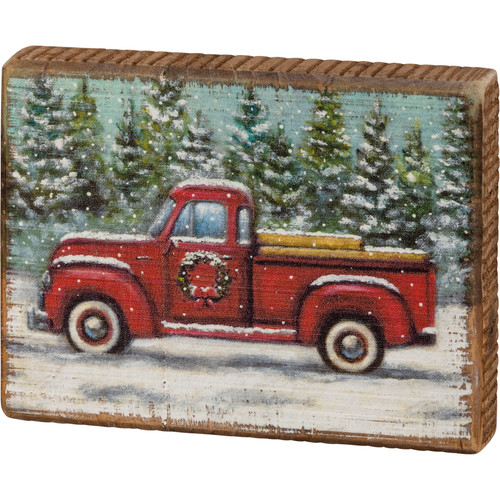 Red Truck With Holiday Wreath In Snowy Pines Forest Decorative Wooden Block Sign 5.25 Inch from Primitives by Kathy