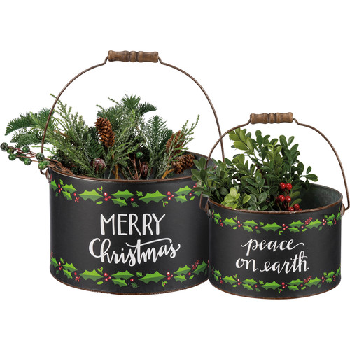 Merry Christmas & Peace On Earth Set of Two Galvanized Holly Leaf Design Metal Buckets from Primitives by Kathy