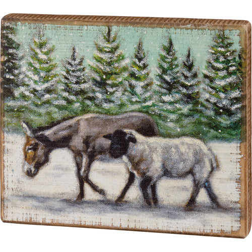 Snowy Pine Trees Donkey & Sheep Decorative Woodne Block Sign 7x6 from Primitives by Kathy