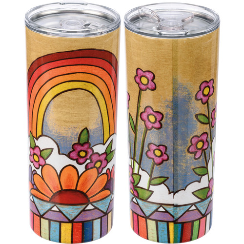 Colorful Wood Burn Art Rainbow Sun Stainless Steel Coffee Tumbler Thermos  20 Oz – Frintul