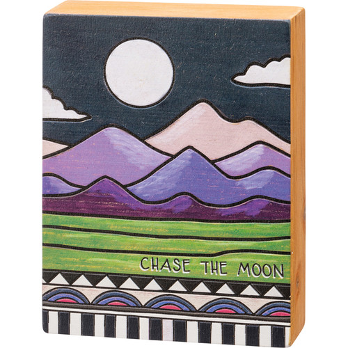 Colorful Mountains Chase The Moon Woodburn Art Design Decorative Wooden Box Sign 6x8 from Primitives by Kathy