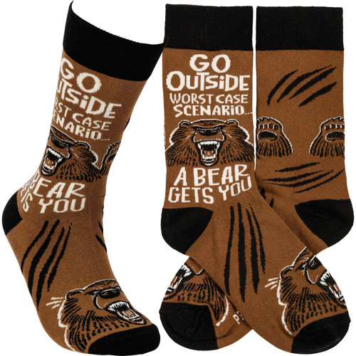 Go Outside Worst Case Scenario A Bear Gets You Colorfully Printed Cotton Novelty Socks from Primitives by Kathy