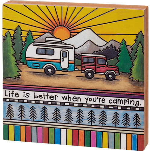 Colorful Wood Burn Art Design Sun & Mountains Life Is Better When You're Camping Wooden Sign 6x6 from Primitives by Kathy