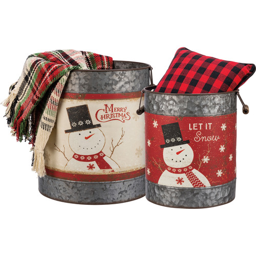 Set of 2 Christmas Themed Round Metal Buckets - Let It Snow Merry Christmas - Snowman In Top Hat from Primitives by Kathy