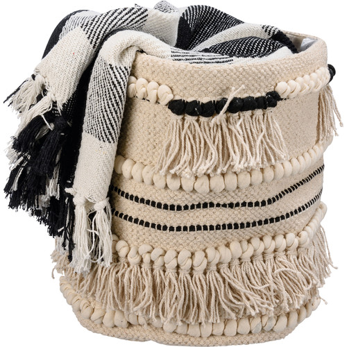 Cream & Black Woven Cotton Bin With Tassels & Fringe 10 Diameter from Primitives by Kathy