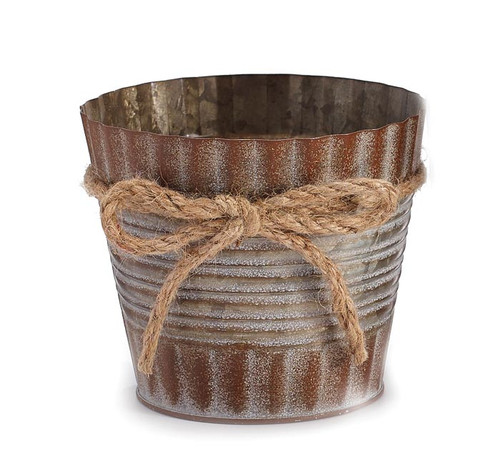 4" Corrugated Rustic Look Tin Pot Cover With Twine Bow from Burton & Burton