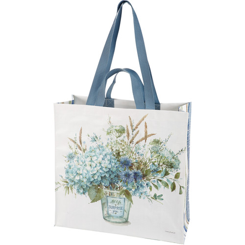 Double Sided Market Shopping Tote Bag- Let Life Surprise You - Blue Flower Bouquet Design from Primitives by Kathy