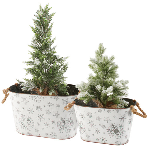 A Set of Two White Snowflakes Embossed Metal Bins from Primitives by Kathy - Seasonal Home Decoration with Dual Side Rope Handles and Stackable Design