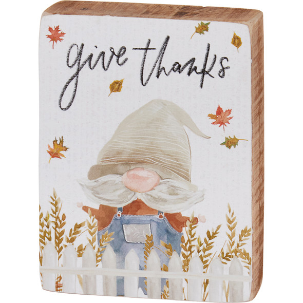 Give Thanks Gnome Decorative Wooden Block Sign Decor - Watercolor Fall Foilage Design 3x4 from Primitives by Kathy