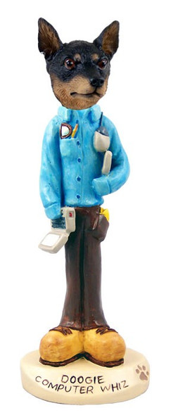Tan & Black Miniature Pinscher Computer Whiz Doogie Collectible Dog Figurine