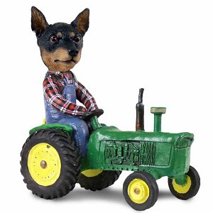Tan & Black Miniature Pinscher Tractor Doogie Collectible Dog Figurine