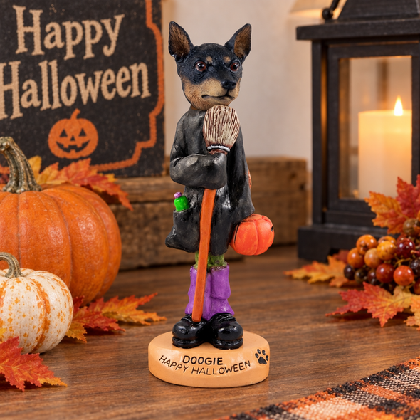 Tan & Black Miniature Pinscher Happy Halloween Doogie Collectible Dog Figurine