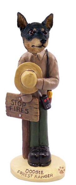 Tan & Black Miniature Pinscher Forest Ranger Doogie Collectible Dog Figurine
