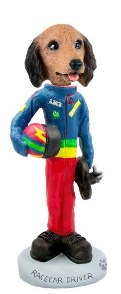 Longhaired Red Dachshund Racecar Driver Doogie Collectible Dog Figurine