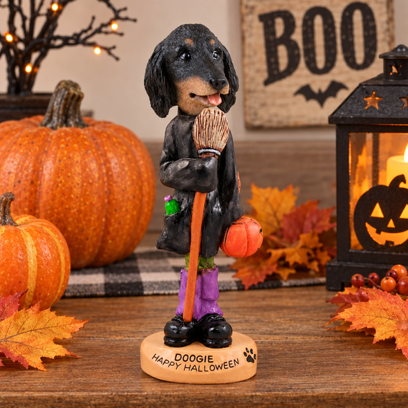 Longhaired Black Dachshund Happy Halloween Doogie Collectible Dog Figurine