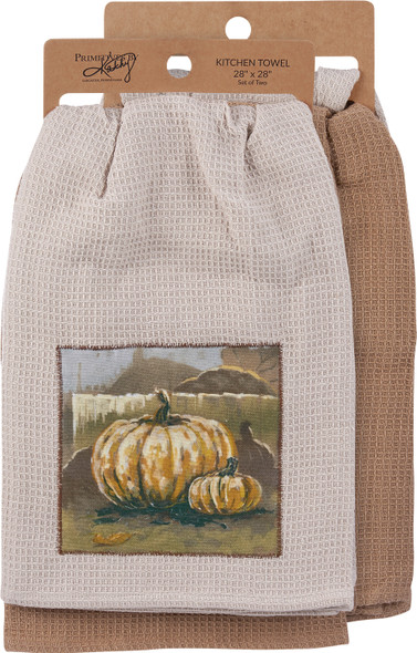 Set of 2 Cream & Tan Cotton Kitchen Towels - Pumpkins In Autumn Scenery 28x28 from Primitives by Kathy