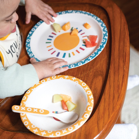 Set of 4 Children's Meal Set - Sunshine And Rainbows - Bowl & Plate & Cup & Fork from Primitives by Kathy