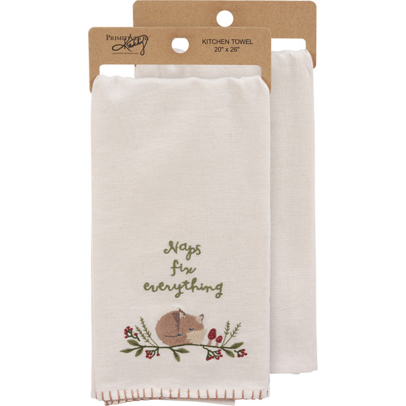 Cotton Linen Blend Kitchen Dish Towel - Naps Fix Everything - Sleeping Fox 20x26 from Primitives by Kathy