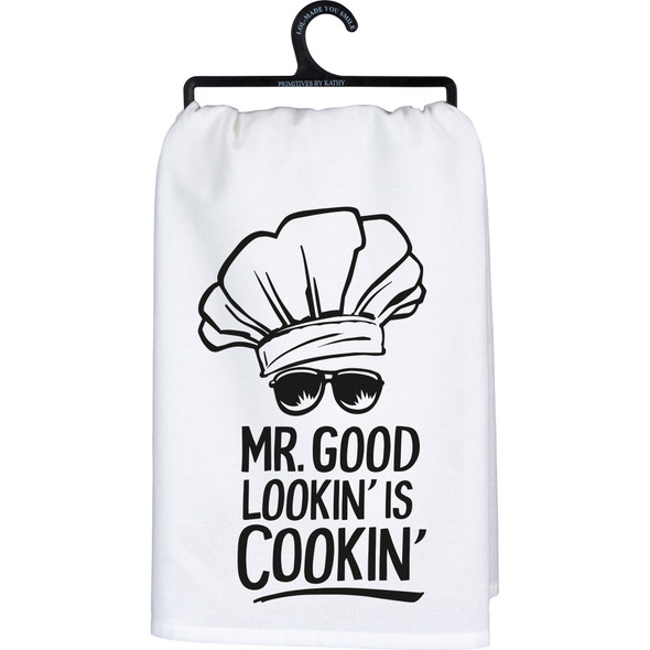 Cotton Kitchen Dish Towel - Mr Good Lookin' Is Cookin' - Chef Hat & Sunglasses 28x28 from Primitives by Kathy