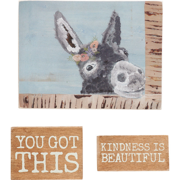 Set of 3 Wooden Refrigerator Magnets - Donkey Wearing Florals & You Got This & Kindness from Primitives by Kathy