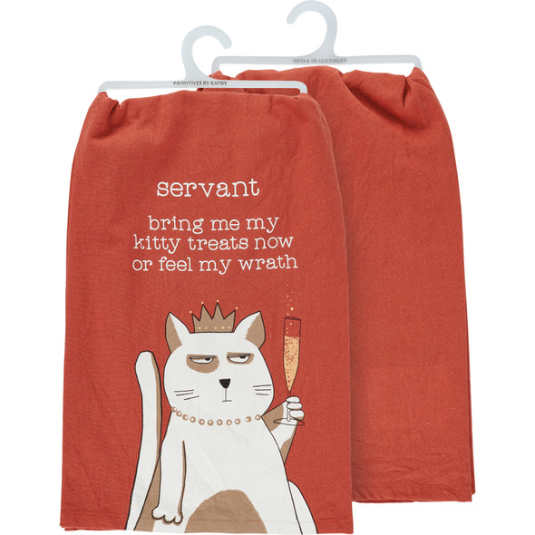 Cat Lover Cotton Kitchen Dish Towel - Servant Bring Kitty Treats Or Feel My Wrath 28x28 from Primitives by Kathy