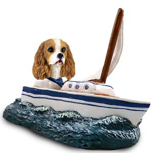 Brown & White Cavalier King Charles Spaniel Sailboat Doogie Collectible Dog Figurine