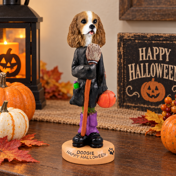 Brown & White Cavalier King Charles Spaniel Happy Halloween Doogie Collectible Dog Figurine