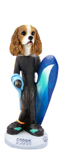 Brown & White Cavalier King Charles Spaniel Surfer Doogie Collectible Dog Figurine
