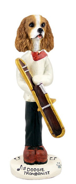 Brown & White Cavalier King Charles Spaniel Trombonist Doogie Collectible Dog Figurine
