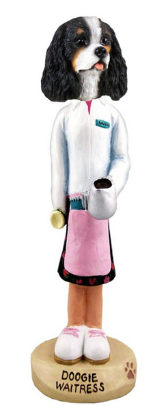 Black & White Cavalier King Charles Spaniel Waitress Doogie Collectible Dog Figurine