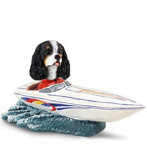 Black & White Cavalier King Charles Spaniel Motorboat Doogie Collectible Dog Figurine