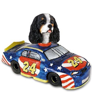 Black & White Cavalier King Charles Spaniel Race Car Doogie Collectible Dog Figurine