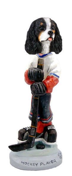 Black & White Cavalier King Charles Spaniel Hockey Player Doogie Collectible Dog Figurine