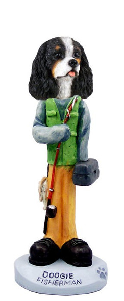 Black & White Cavalier King Charles Spaniel Fisherman Doogie Collectible Dog Figurine