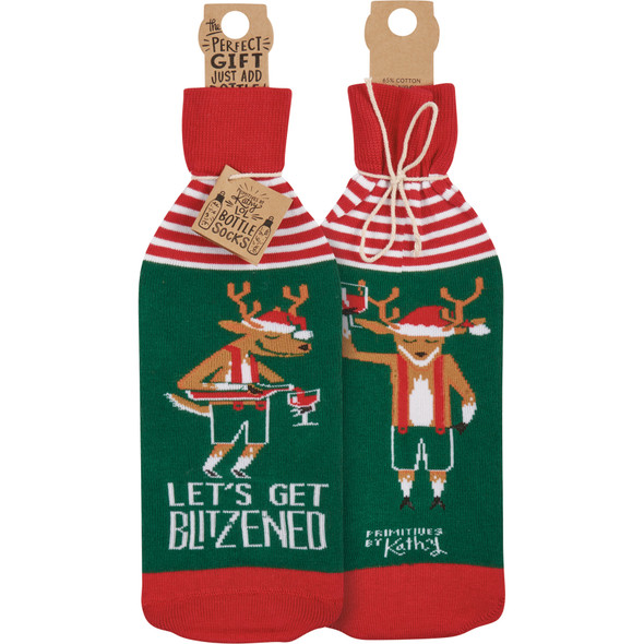 Wine Bottle Sock Holder- Let's Get Blitzened - Reindeer Drinking from Primitives by Kathy