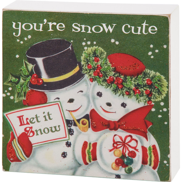 Happy Snowman Couple Decorative Wooden Block Sign Decor - You're Snow Cute 4x4 from Primitives by Kathy