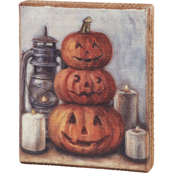Stacked Jack O Lanterns & Candle Lantern Decorative Wooden Block Sign Décor 4x5 from Primitives by Kathy
