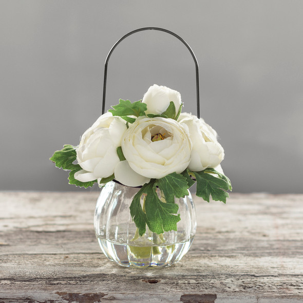 Small Glass Vase With Artificial Botanical White Ranunculus Flower Bouquet 5.5 Inch from Primitives by Kathy