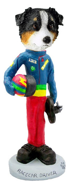 Tricolor Australian Shepherd Racecar Driver Doogie Collectible Dog Figurine