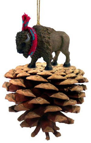 Buffalo on Pinecone Christmas Ornament – Hand-Painted Stone Resin