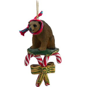 Brown Bear with Candy Canes Christmas Ornament – Hand-Painted Stone Resin